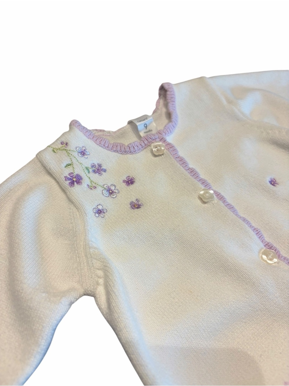 Carter's White Cottagecore Sweater Cardigan with Lavender Floral Embroidery